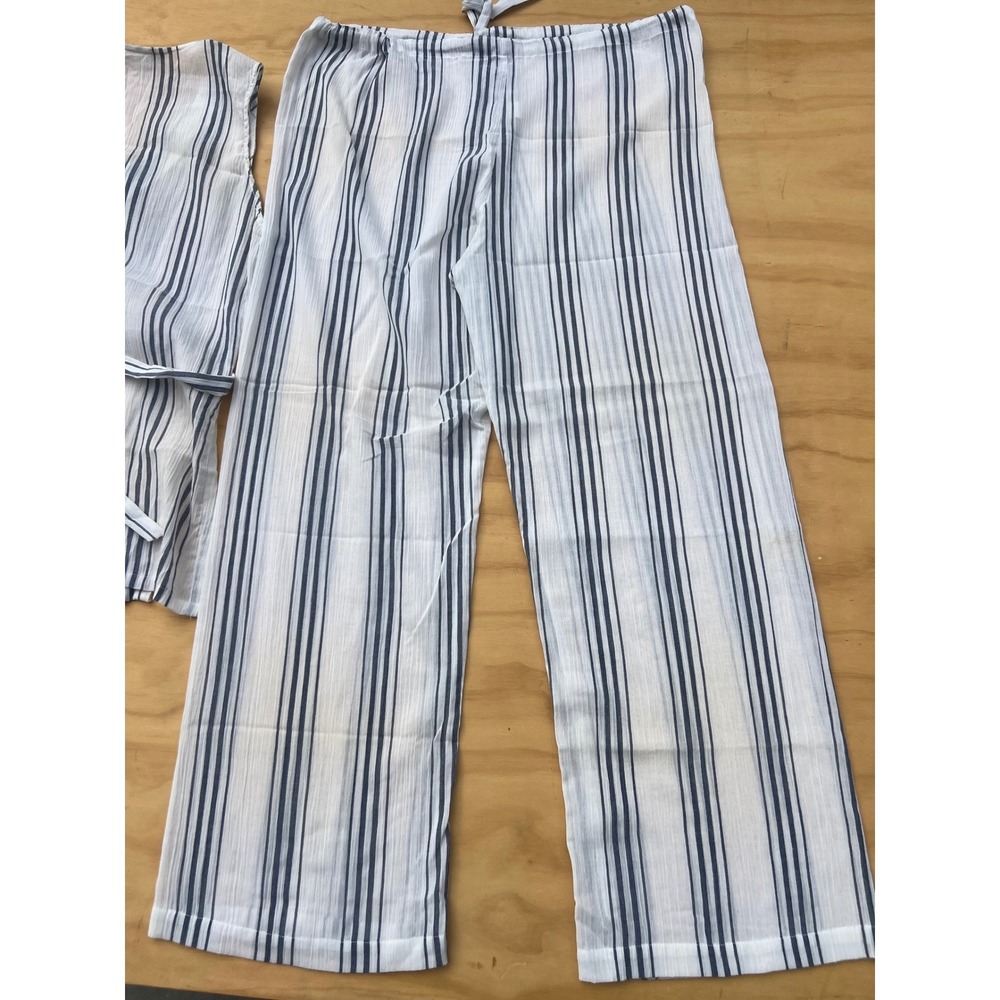 Josie Natori Striped Pajama Set Medium Blue White Sleeveless Top Wide Leg Pants - Picture 7 of 8